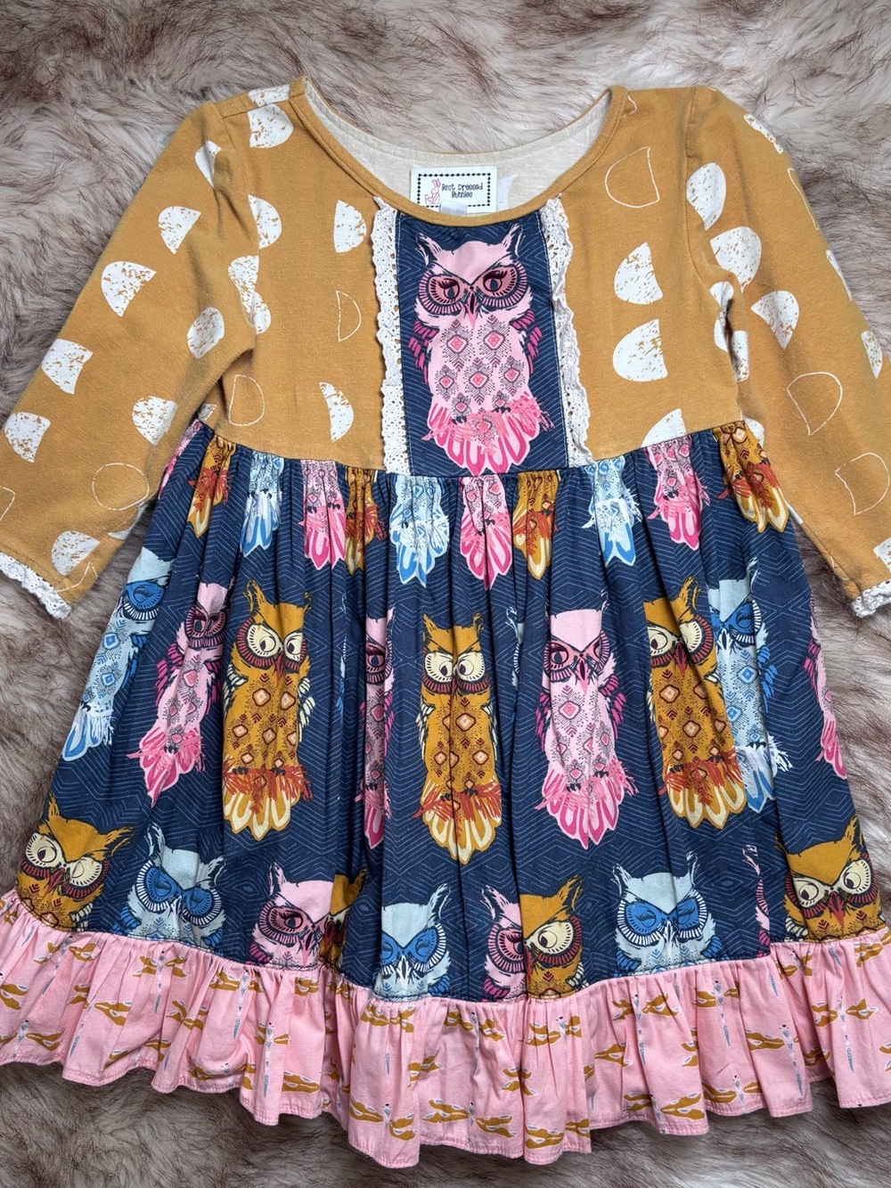 Girls' Multi-Color Owl Print Casual Dress with Mustard Bodice